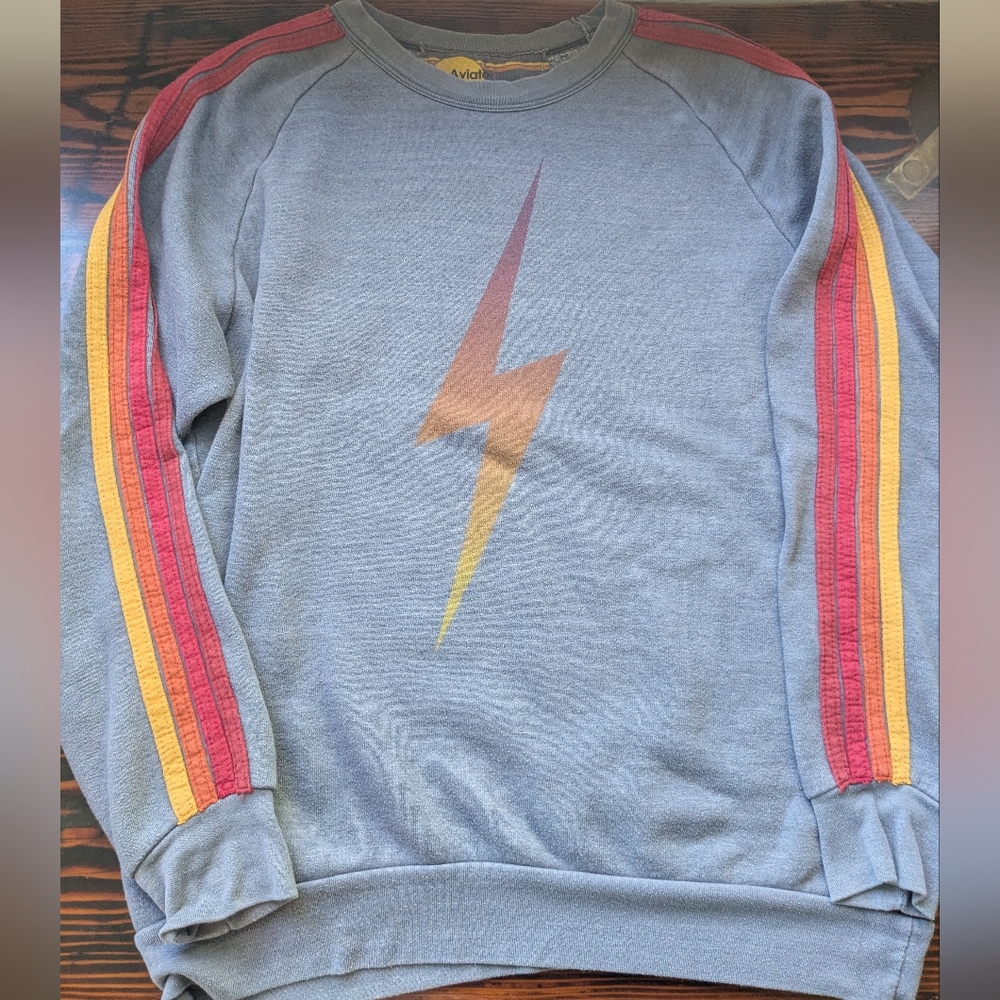 Aviator Nation Lightning Bolt Rainbow Stripe Crewneck Sweatshirt